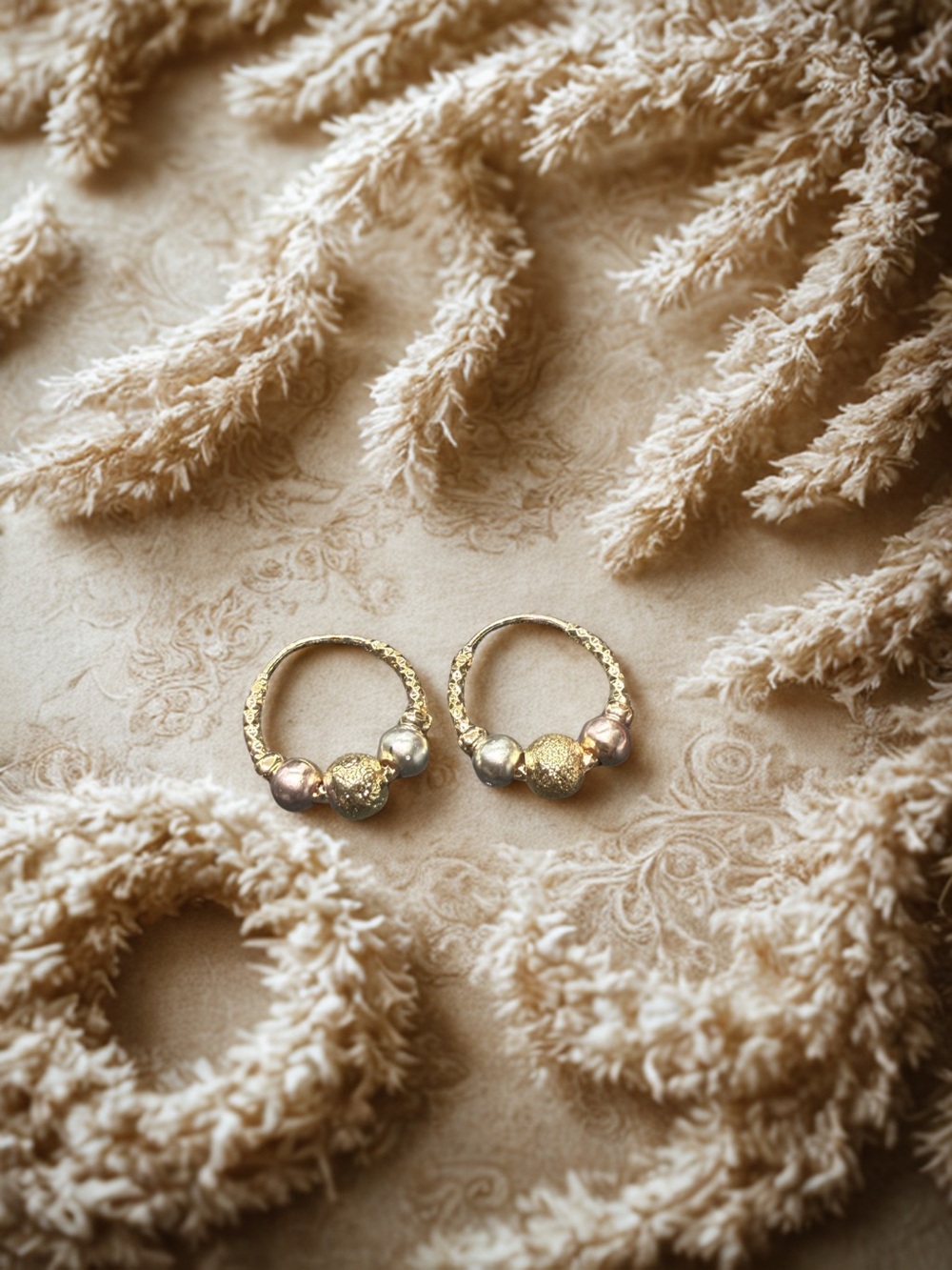 💛🩶Gold-Filled Textured Hoop Earrings with Tricolor Beads/NIP💛🩶